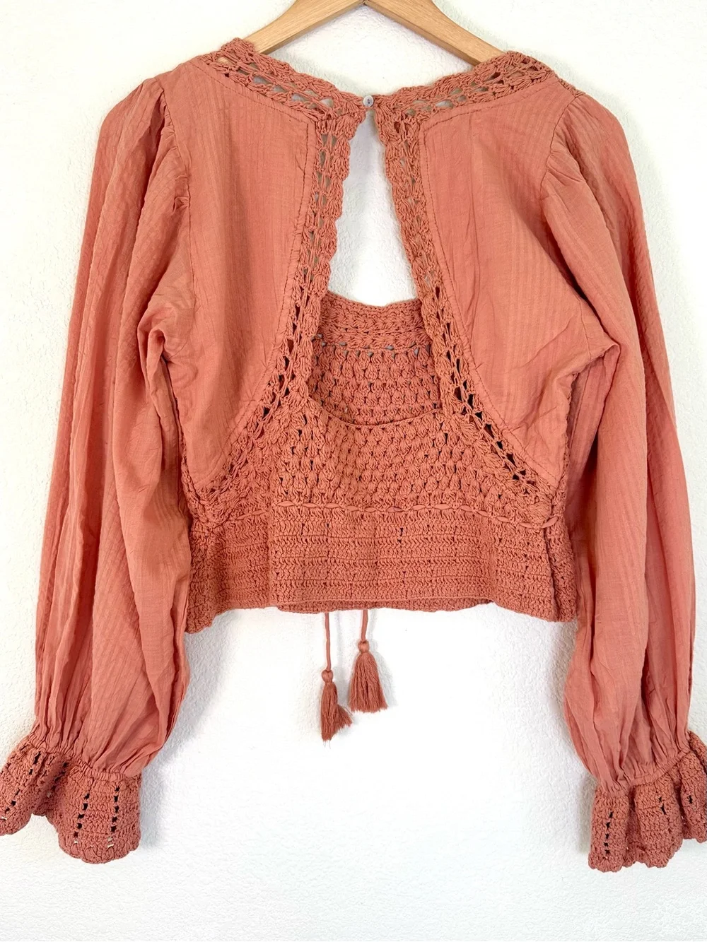 Free People NWT Crochet Open Back Peasant Boho Top Terracotta Small Cotton